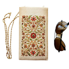Load image into Gallery viewer, Beige gold soft eyeglasses case hand embroidered with red flowers and inlaid with gemstones. 

