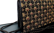 Load image into Gallery viewer, Black and copper silk clutch bag with garnets, side view. 
