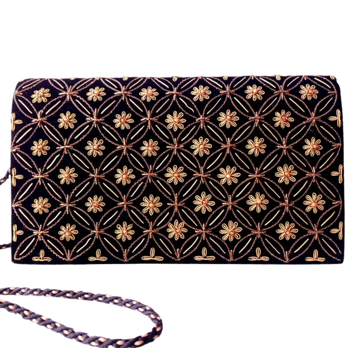 Luxury black velvet evening clutch bag embroidered with antique gold geometric circle pattern with small flowers and embellished with genuine carnelian gemstones, formal clutch, gold and black zardozi purse.