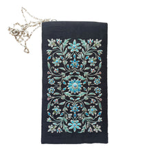Load image into Gallery viewer, Black and turquoise blue floral hand embroidered phone sleeve with chain, zardozi crossbody bag. 

