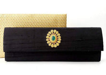 Load image into Gallery viewer, Dupioni Silk Slim Clutch with Flower Medallion
