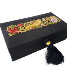 Load image into Gallery viewer, Black silk jewelry box embroidered with bird and flowers BoutiquebyMariam.
