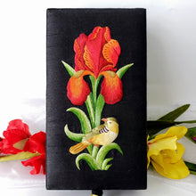 Load image into Gallery viewer, Black silk keepsake box embroidered with bird and red iris flower.
