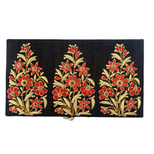 Load image into Gallery viewer, Black silk keepsake box embroidered with gold red flowers, top view. 
