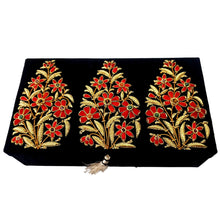 Load image into Gallery viewer, Black silk keepsake box embroidered with gold red flowers.
