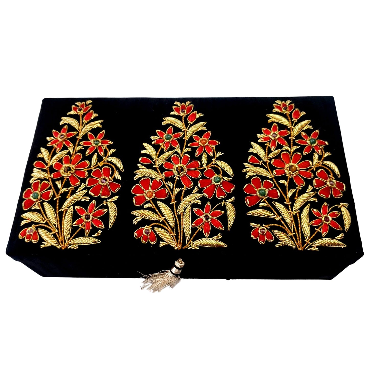Black silk keepsake box embroidered with gold red flowers.