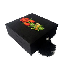 Load image into Gallery viewer, Black silk square keepsake box hand embroidered with bird and red iris flower.
