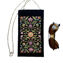 Load image into Gallery viewer, Black sunglasses case, eyeglasses case, with chain hand embroidered with multicolor flowers, zardozi purse. 
