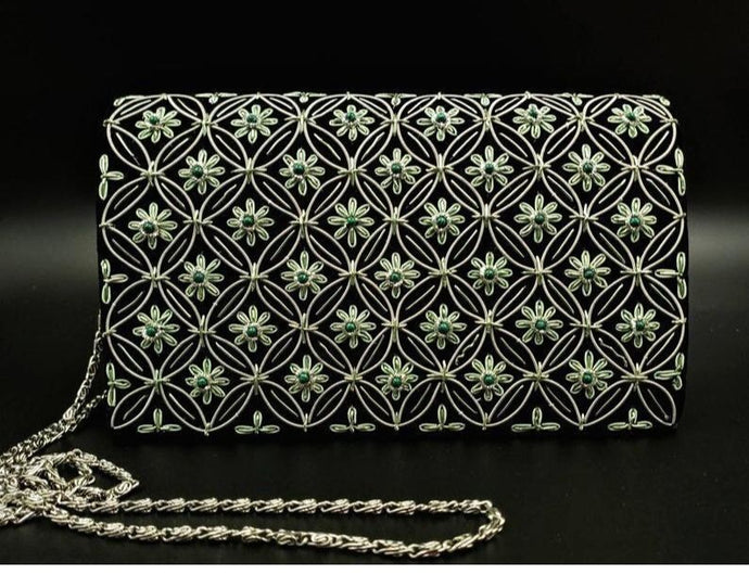 Black velvet and silver evening clutch bag with green onyx.