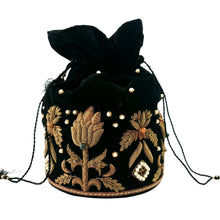 Load image into Gallery viewer, Black velvet bucket bag embroidered with bronze metallic flowers and beads BoutiqueByMariam.
