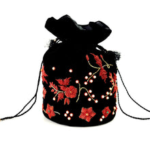 Load image into Gallery viewer, Black velvet bucket bag potli bag embroidered with red flowers, BoutiqueByMariam.
