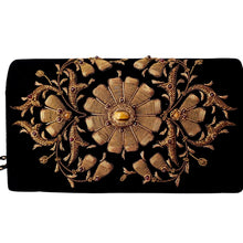 Load image into Gallery viewer, Black velvet clutch embroidered with copper flower and inlaid with tiger eye and garnet stones BoutiqueByMariam. 
