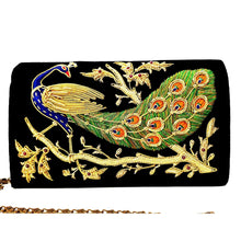 Load image into Gallery viewer, Black velvet evening bag embroidered with peacock BoutiqueByMariam.
