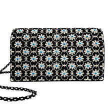 Load image into Gallery viewer, Black velvet evening clutch bag embroidered with silver quatrefoil pattern with turquoise gemstones, zardozi purse. 
