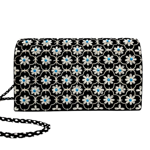 Luxury black velvet evening clutch bag embroidered with silver quatrefoil cloverleaf pattern and flowers and embellished with genuine turquoise gemstones, floral wedding clutch, silver and black zardozi purse.