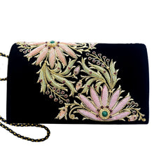 Load image into Gallery viewer, Black velvet handbag embroidered with pink and orange flowers BoutiqueByMariam.
