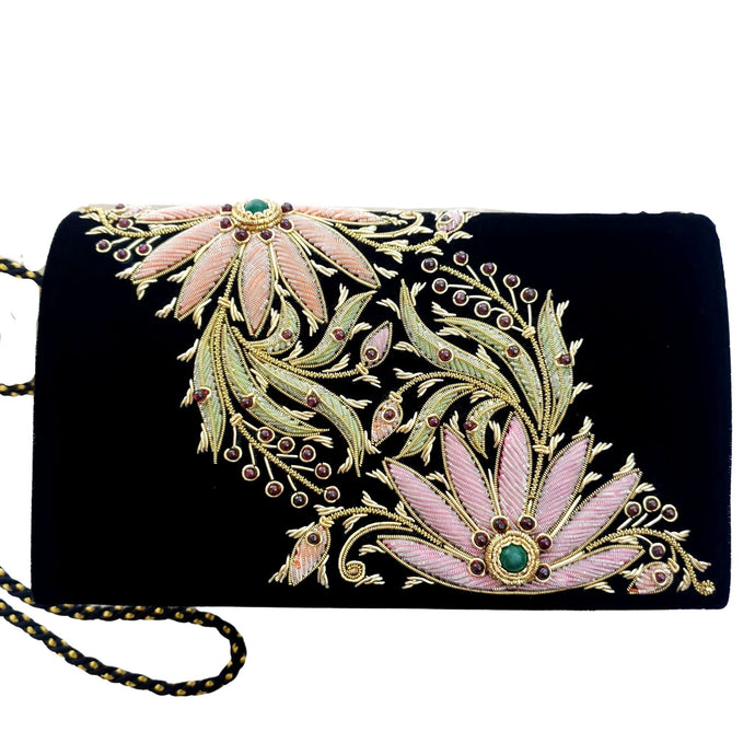 Black velvet handbag embroidered with pink and orange flowers BoutiqueByMariam.