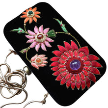 Load image into Gallery viewer, Black velvet hard case clutch embroidered with large colorful flowers and inlaid with amethyst stone BoutiqueByMariam. 
