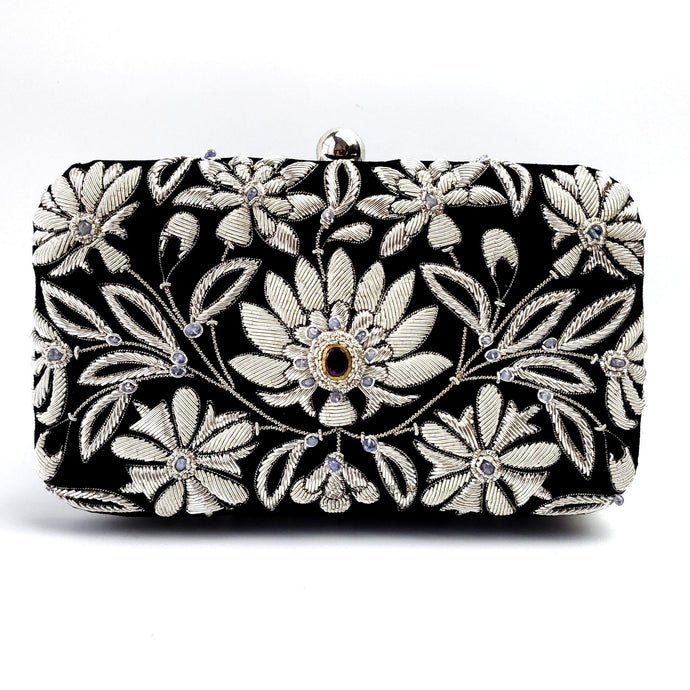 Black velvet hard case clutch embroidered with silver and white lotus flower inlaid with amethyst stone BoutiqueByMariam.
