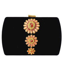 Load image into Gallery viewer, Black velvet hard case clutch embroidered with three peach colored flowers and  agate and ruby stones BoutiqueByMariam. 
