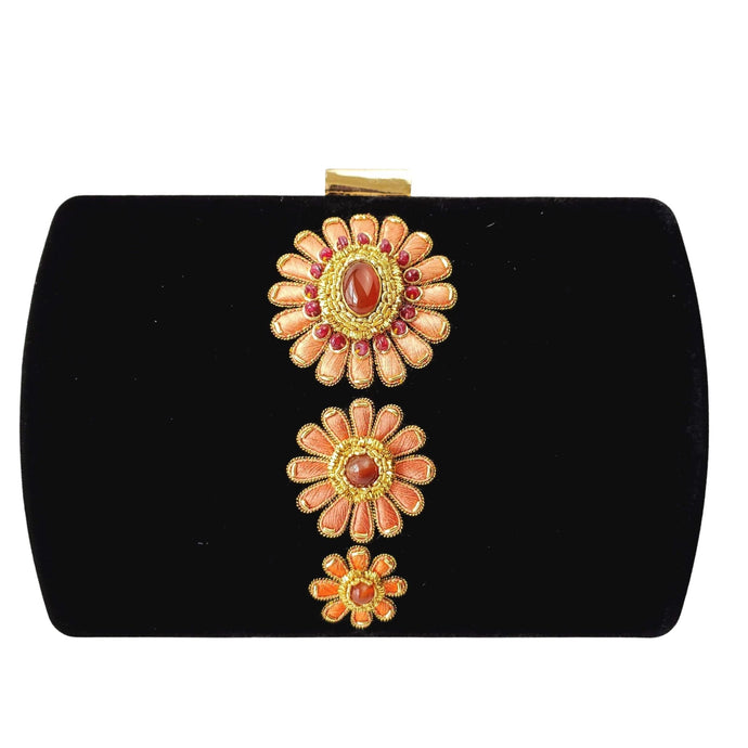 Black velvet hard case clutch embroidered with three peach colored flowers and  agate and ruby stones BoutiqueByMariam. 