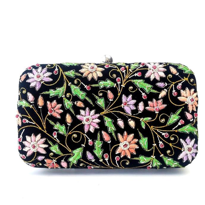 Black velvet hard frame clutch bag embroidered with multicolor delicate flowers BoutiqueByMariam.