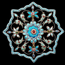 Load image into Gallery viewer, Black velvet square keepsake box embroidered with turquoise medallion and ruby gemstones BoutiqueByMariam.
