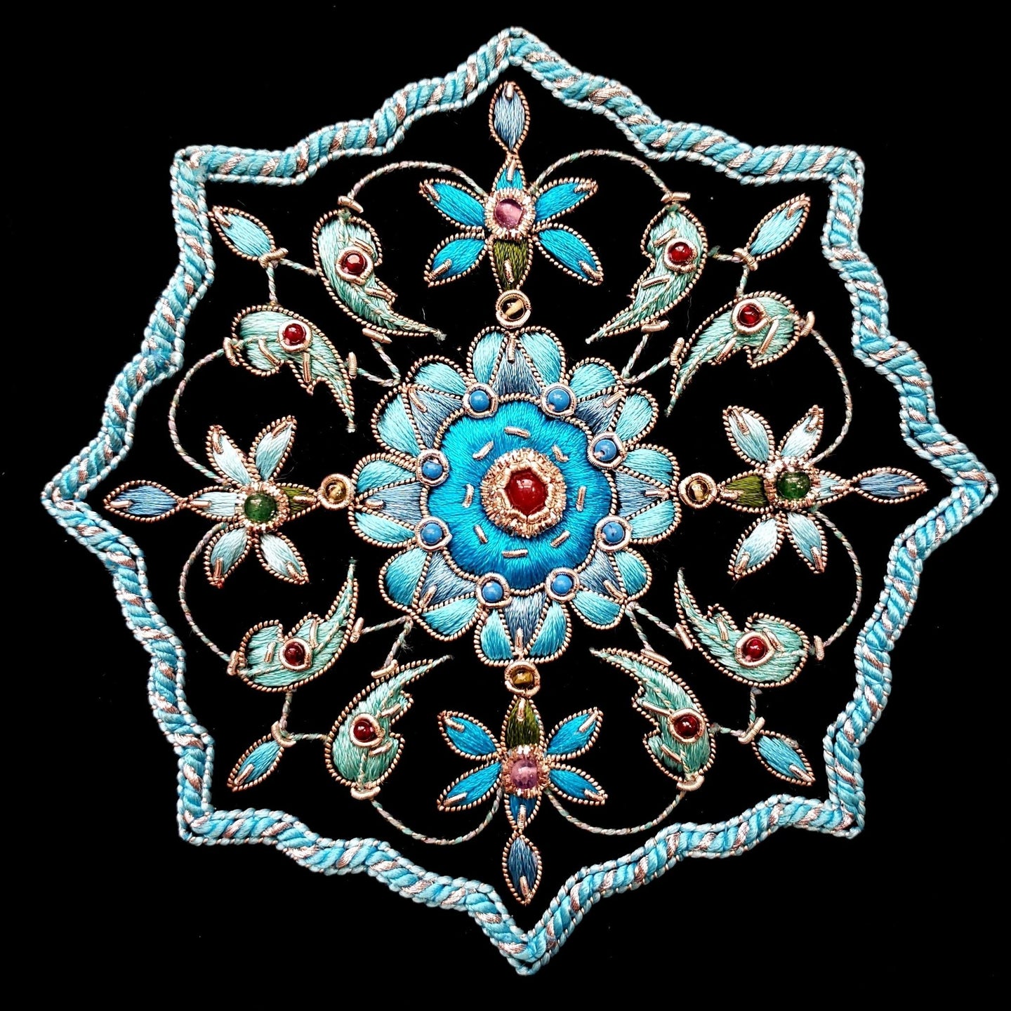 Black velvet square keepsake box embroidered with turquoise medallion and ruby gemstones BoutiqueByMariam.