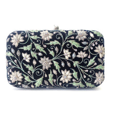 Load image into Gallery viewer, Black velvet metal frame clutch embroidered with gray flowers BoutiqueByMariam.
