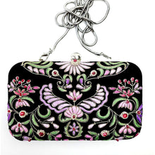 Load image into Gallery viewer, Black velvet minaudiere embroidered with lavender purple and pink Wings of Isis pattern BoutiqueByMariam.
