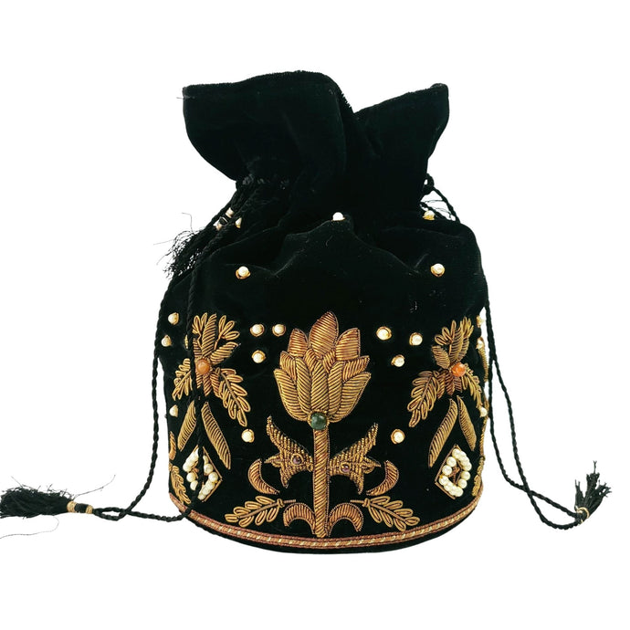 Black velvet potli bag drawstring pouch embroidered with bronze zardozi and beads BoutiqueByMariam.