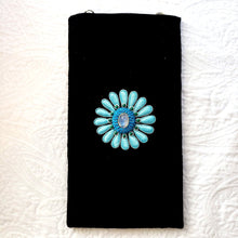 Load image into Gallery viewer, Black velvet soft eyeglasses sunglasses case embroidered with turquoise blue squash blossom flower BoutiqueByMariam.
