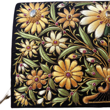 Load image into Gallery viewer, Brown velvet handbag embroidered with yellow flowers and citrine gemstones BoutiqueByMariam.
