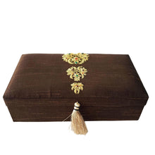 Load image into Gallery viewer, Brown silk jewelry box embroidered with gold, front view, BoutiqueByMariam. 
