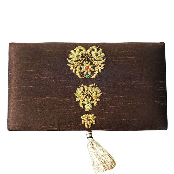 Brown silk jewelry storage box embroidered with gold BoutiqueByMariam.