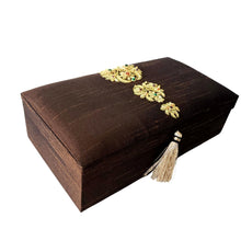 Load image into Gallery viewer, Brown silk jewelry storage box with gold embroidery BoutiqueByMariam.
