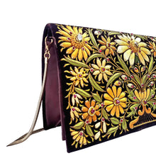 Load image into Gallery viewer, Brown velvet handbag embroidered with yellow flowers and citrine gemstones, side view, BoutiqueByMariam. 
