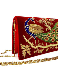 Load image into Gallery viewer, Burgundy red velvet evening bag embroidered with peacock, side view, BoutiqueByMariam. 
