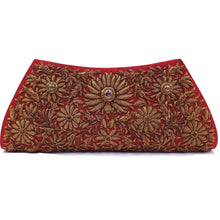 Load image into Gallery viewer, Burgundy silk and copper embroidered clutch bag with rubies BoutiqueByMariam.
