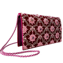 Load image into Gallery viewer, Burgundy velvet clutch embroidered with pink flowers and amethyst gemstones BoutiqueByMariam.
