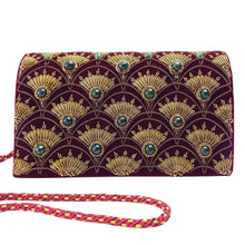 Load image into Gallery viewer, Burgundy velvet luxury evening bag embroidered with antique gold fish scale pattern and inlaid with jade stones BoutiqueByMariam.
