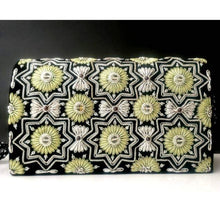 Load image into Gallery viewer, Chartreuse green art deco inspired evening bag with star pattern, zardozi handbag. 
