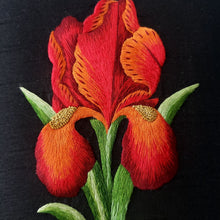 Load image into Gallery viewer, Close up of embroidered red silk iris flower using silk shading technique. 
