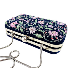 Load image into Gallery viewer, Luxury navy velvet box clutch minaudiere embroidered with lavender purple and silk flowers and embellished with rubies.
