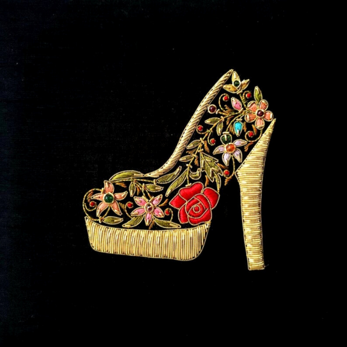 Black silk keepsake box for her embroidered with women's fashion shoe in floral design and gold, zardozi box. 