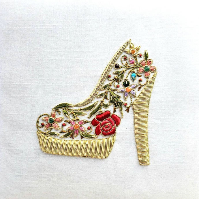 White silk wedding keepsake box hand embroidered with red and gold designer shoe, zardozi box. 