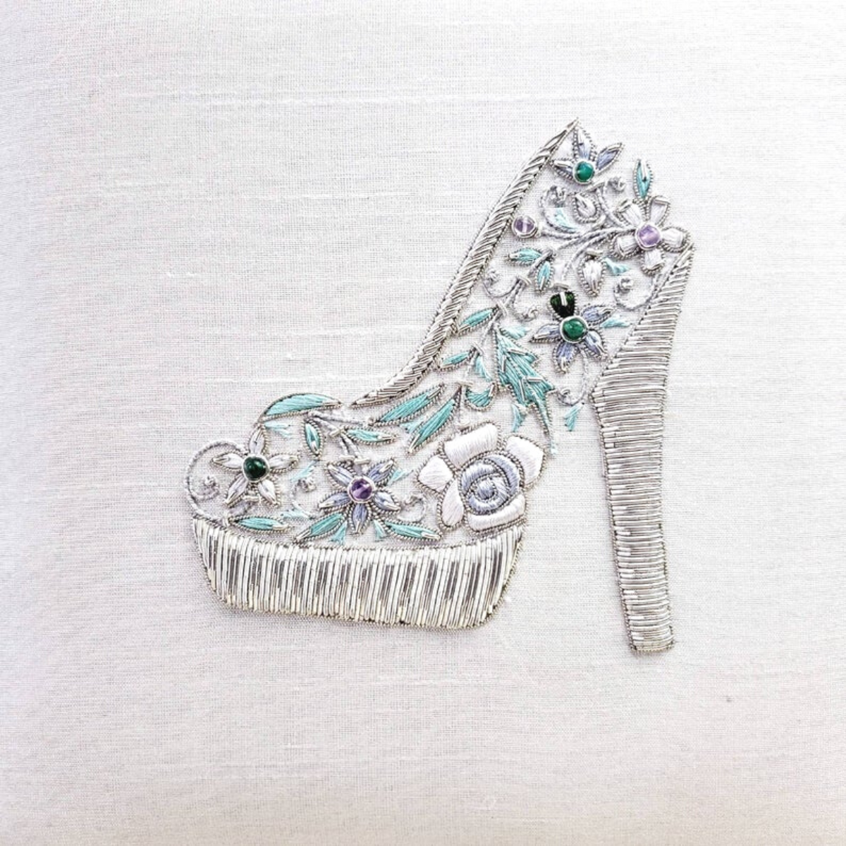 White silk wedding memory box embroidered with white and silver designer shoe. 