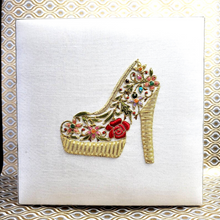 Load image into Gallery viewer, White silk wedding keepsake box hand embroidered with red and gold designer shoe, zardozi bo
