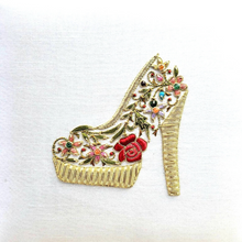 Load image into Gallery viewer, White silk jewelry storage box embroidered with red and gold designer shoe.
