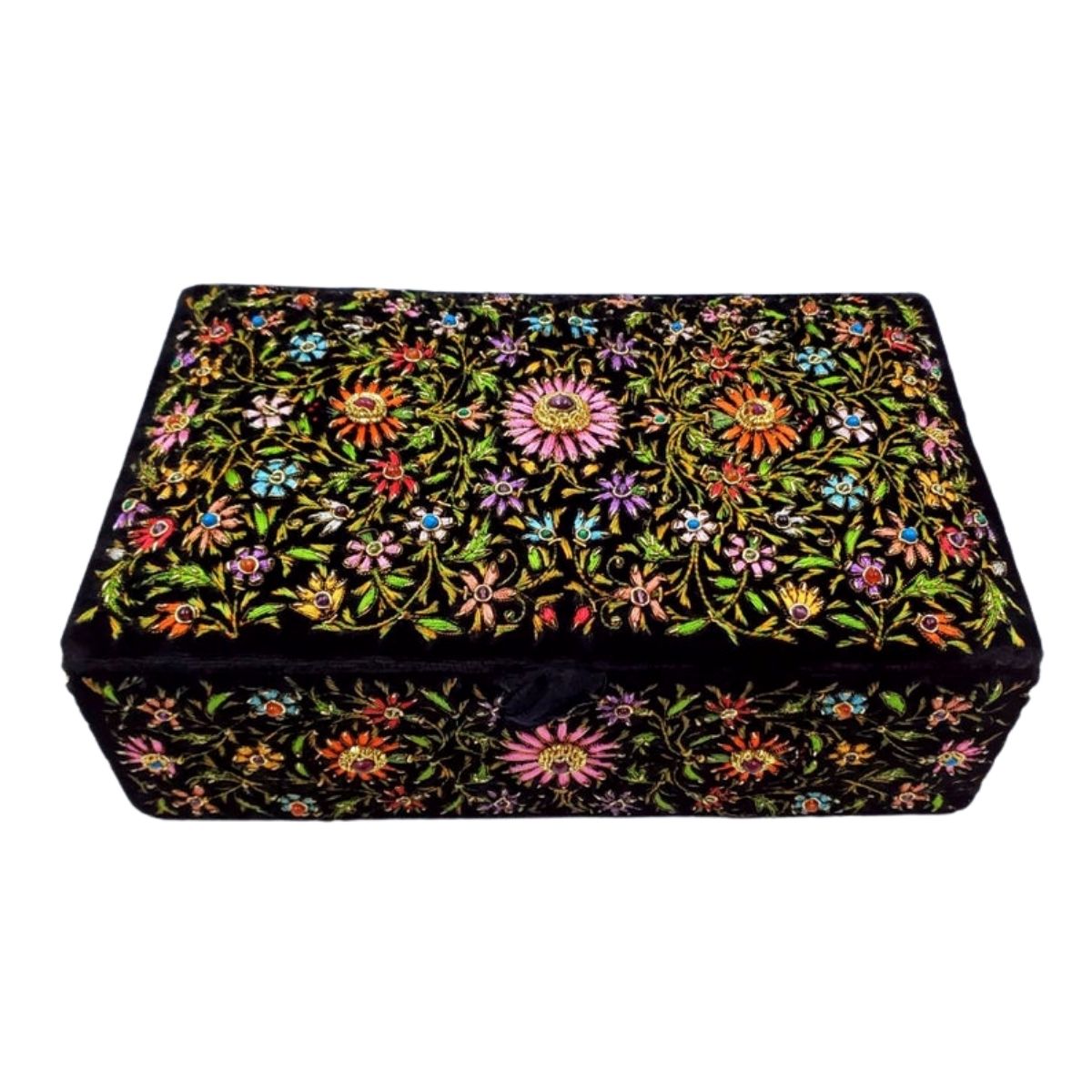 Luxury black velvet jewelry storage box embroidered all over with multicolor silk flowers and semi precious stones, zardozi box. 
